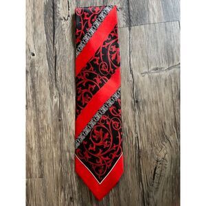 Porta Rossa Mens Black and Red Paisley Stripe Design Neck Tie